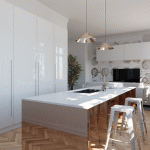 modern kitchen with white pocket doors built using Salice Exedra Pocket Door System
