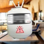 adhesive canister with warning icon in a woodshop