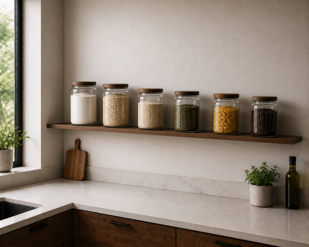 Thin robust floating shelf in a kitchen - Hovr Floating Shelf Installation Guide - A thin floating shelf holding several jars