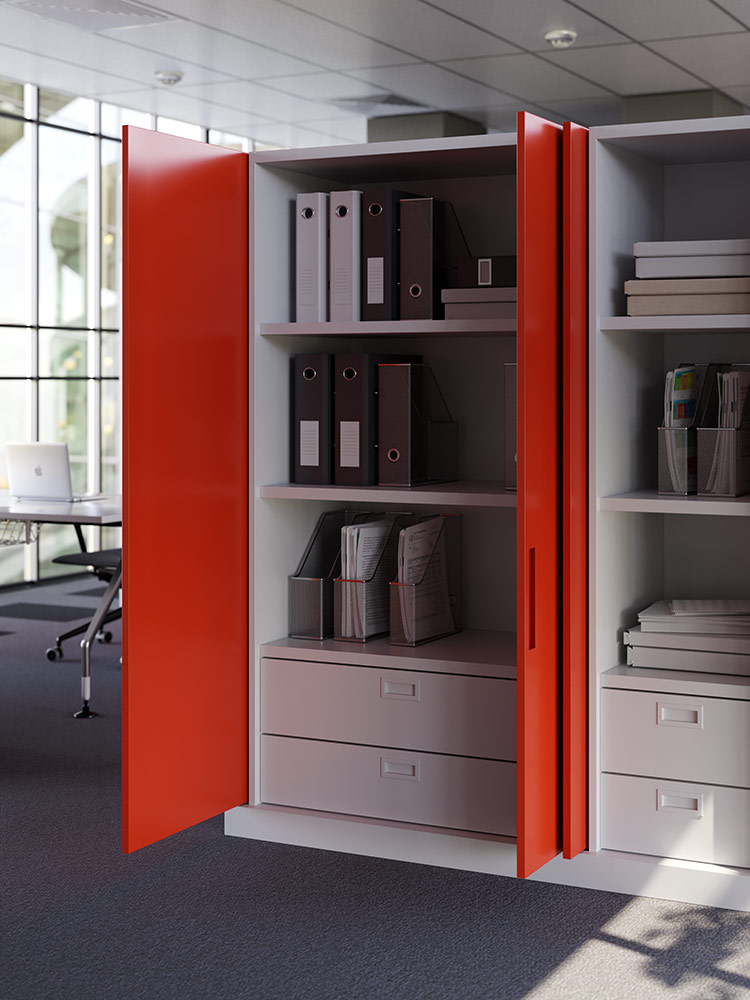 salice-exedra-pocket-door-system-office - McFaddens Blog an office where salice exedra pocket door system was used to for a filing cabinet with red doors