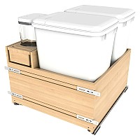 Rev-A-Shelf Wood Bottom Mount Waste Pull-Out with Double 35 Qt Bin and 11.7 qt OXO Container, Soft-Close, Wood - 4WCOX-24DMSC-1